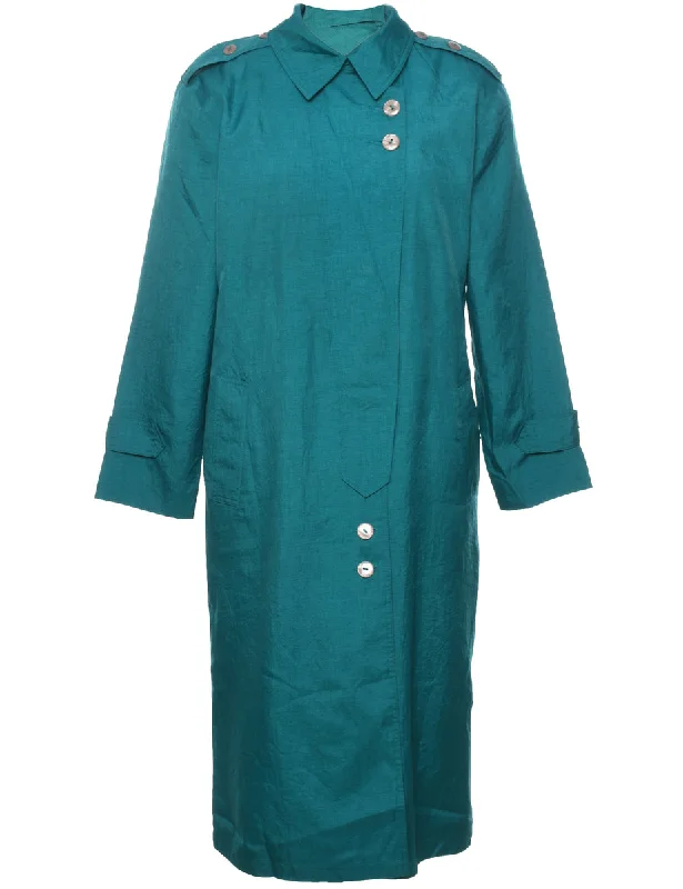 Green Classic Single Breasted Trench Coat - L Rayon Velvet Corduroy