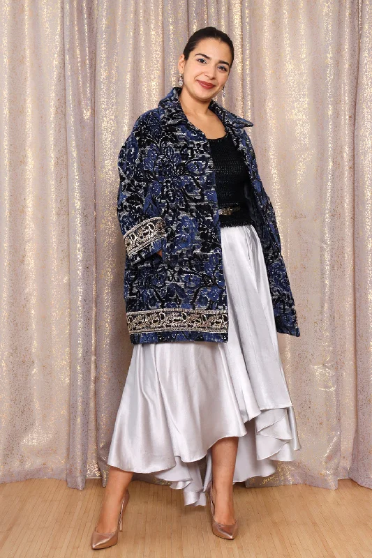 Midnight Blue Chenille Embellished Coat S/M Vent Hem Cuff