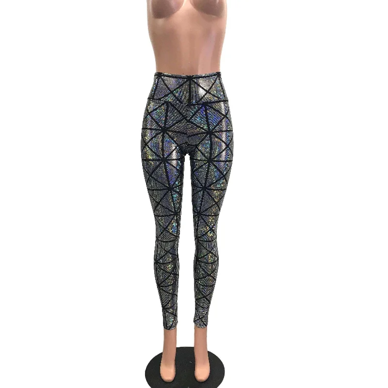 Silver Window Pane Shattered Glass Holographic Leggings Pants Fashionable Full-Length Active Leggings