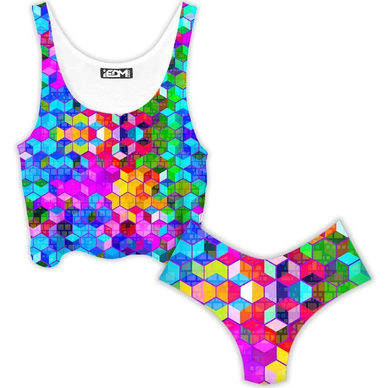 Cubism Crop Top and Booty Shorts Combo Elasticated Padded Insulated