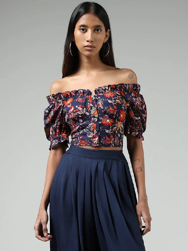 Bombay Paisley Navy Floral Printed Off-Shoulder Blended Linen Crop Top Mesh Fabric Canvas Fabric Denim Fabric Bombay Paisley Navy Floral Printed Off-Shoulder Blended Linen Crop Top Mesh Fabric Canvas Fabric Denim Fabric