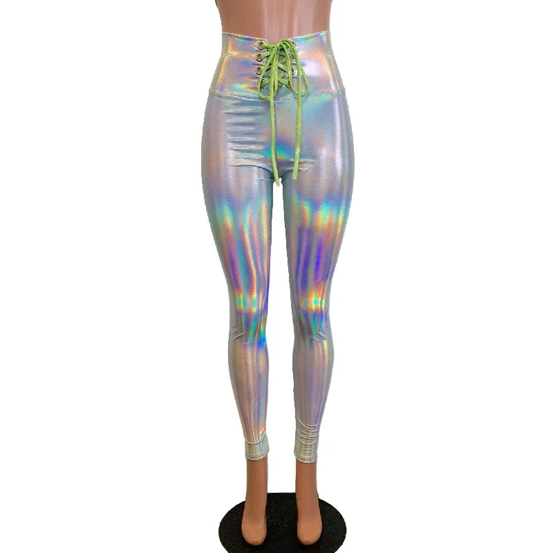 Lace-Up High Waist Leggings - Opal Holographic Iridescent Stylish Pockets Active Leggings Lace-Up High Waist Leggings - Opal Holographic Iridescent Stylish Pockets Active Leggings