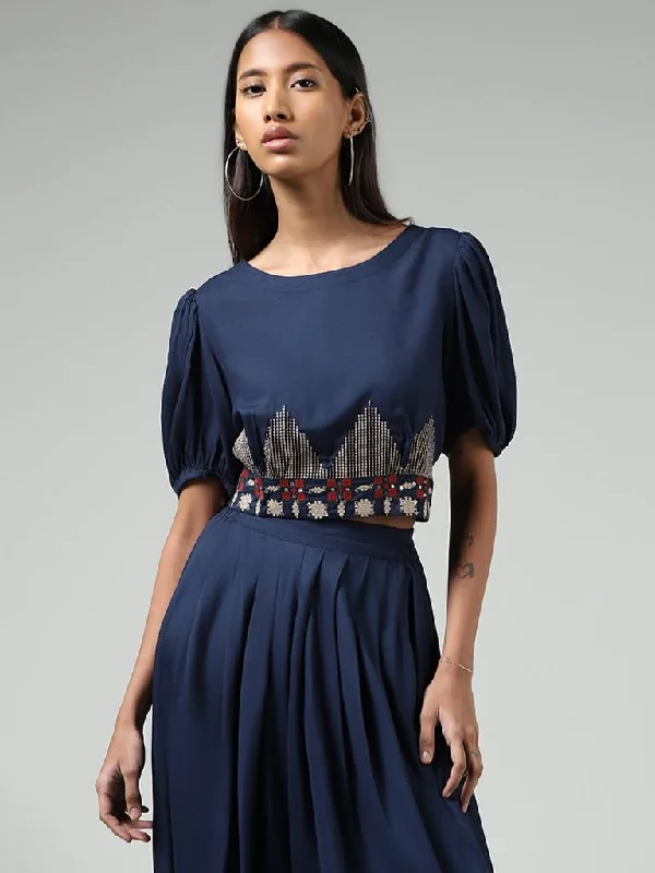Bombay Paisley Navy Geometric Embroidered Crop Top Collared Crew Neck Turtle Neck