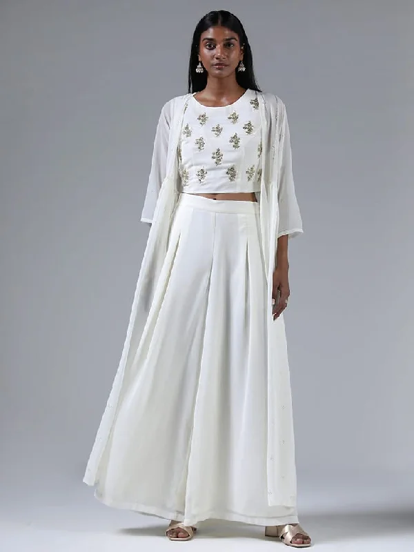 Vark Off White Zardozi Embroidered Crop Top with a Shrug and Palazzos Rayon Velvet Corduroy