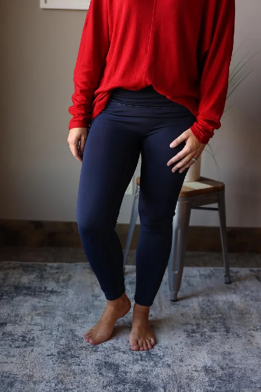 Navy Full Length High Waist Solid Athletic Style Leggings Stylish Stretch Print Leggings