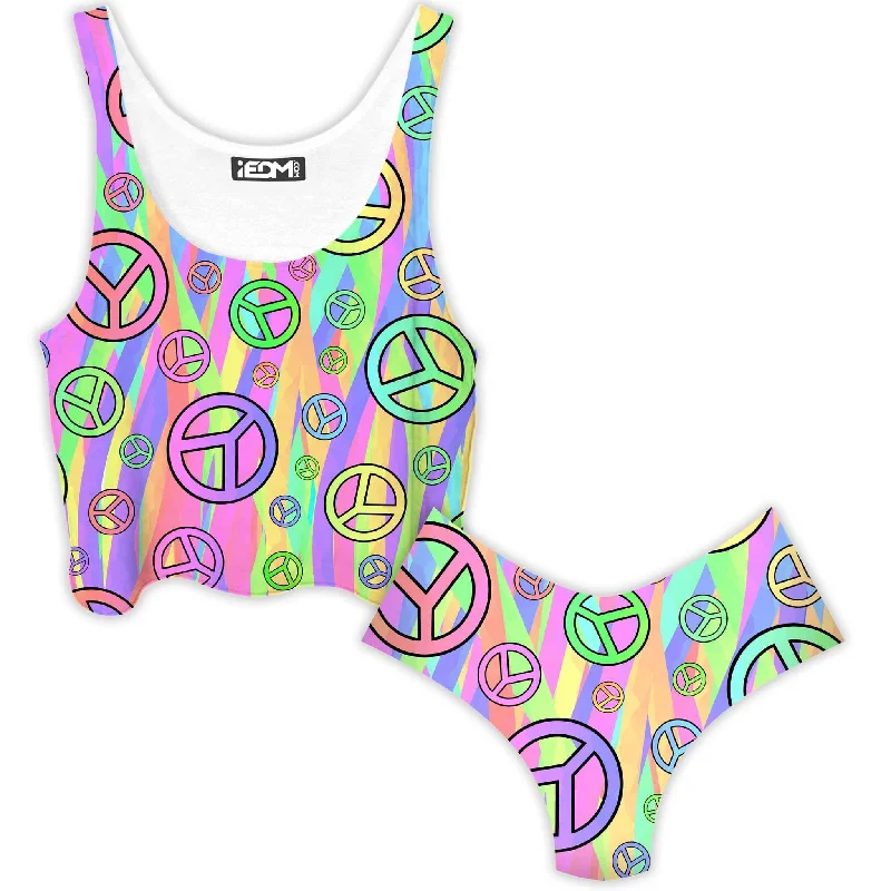 Retro Peace Symbol Crop Top and Booty Shorts Combo Iron Safe Non-Iron Wrinkle Free