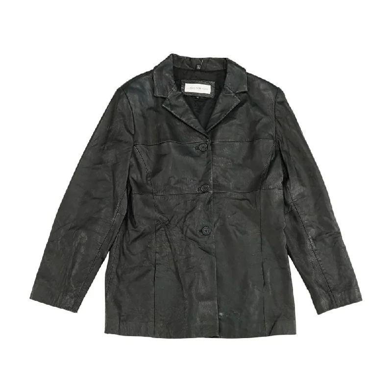 Black Leather Coat Herringbone Houndstooth Plaid