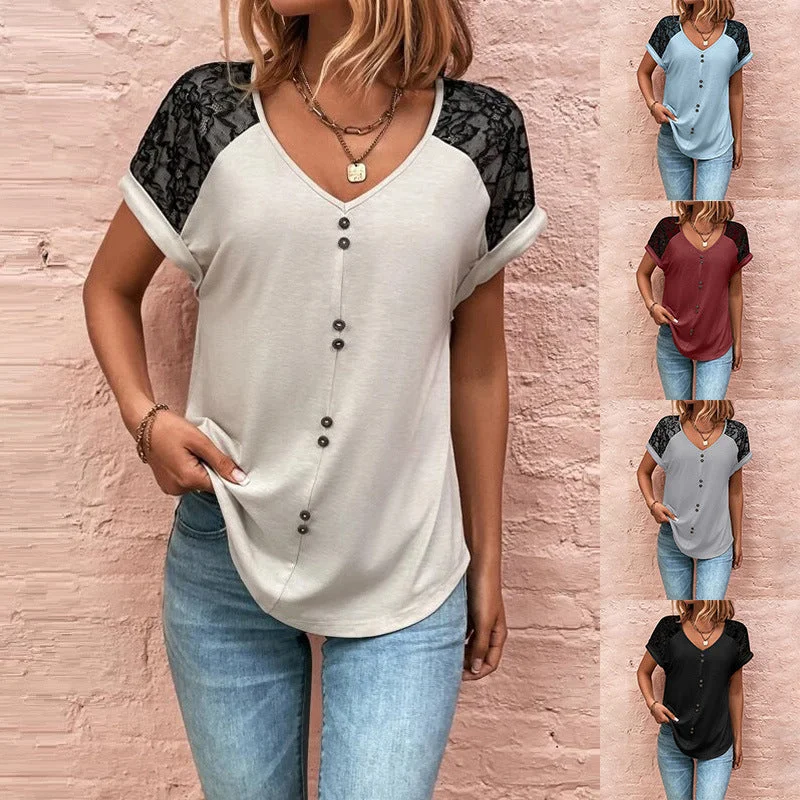 Women's T-Shirt Lace Stitching V-neck Top With Button Casual Summer Short Sleeve Pullover Shirt Batwing Sleeve Top