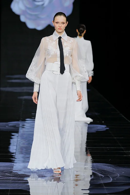 Semi sheer top with pleated trousers Trousers Tapered Slim Fit