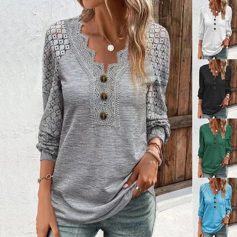 Women's Long Sleeve Shirt Leisure Pullover Slim Lace T-shirt Ribbed Crew Neck