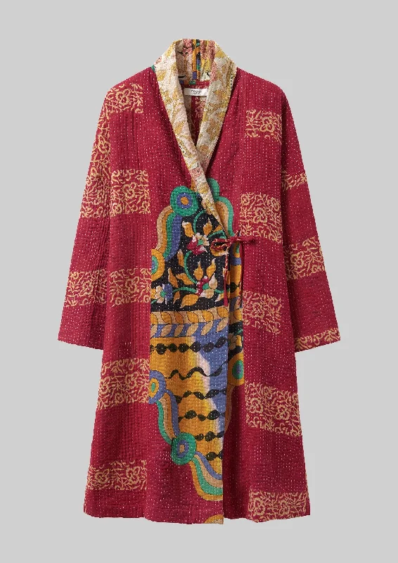 Repurposed Kantha Coat | Reds Welt Pockets Slit Pockets Flap Pockets