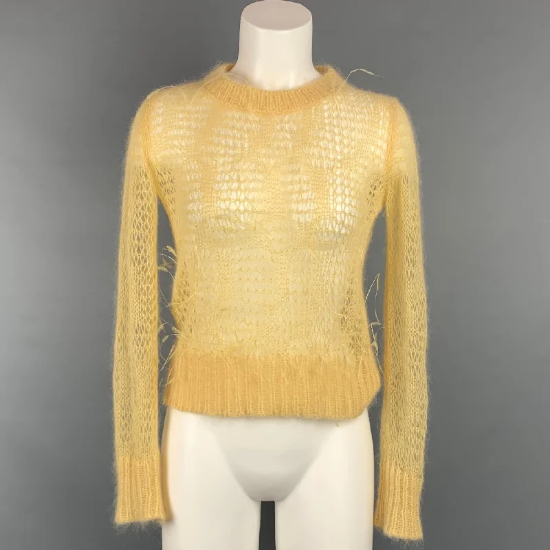 NO. 21 Size 2 Yellow Knitted Textured Feather Mohair Pullover Fitted Ribbed Sweater