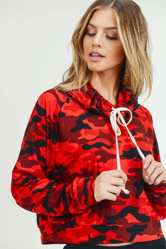 Women's Camouflage Drawstring Cowl Neck Crop Top Casual Formal Business