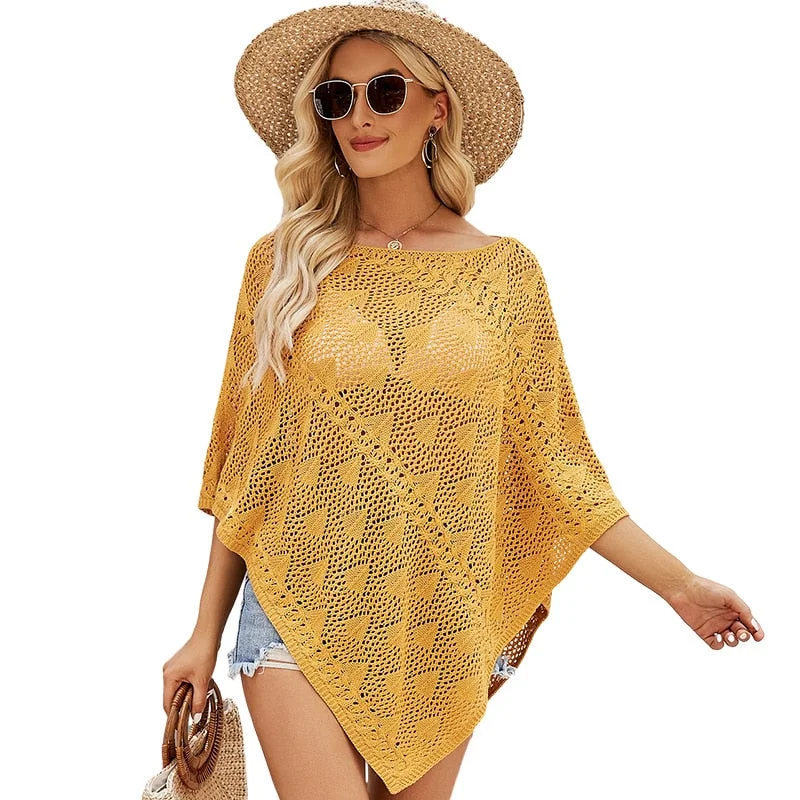 Women Spring Sumer Openwork Knitted Poncho Cotton Shawl Cape Cover Ups Loose Hollow Out Beachwear Pullover Sweater Yellow Chenille Soft Sweater