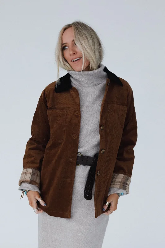 Leni Plaid Corduroy Coat - Camel Suede Faux Fur Shearling