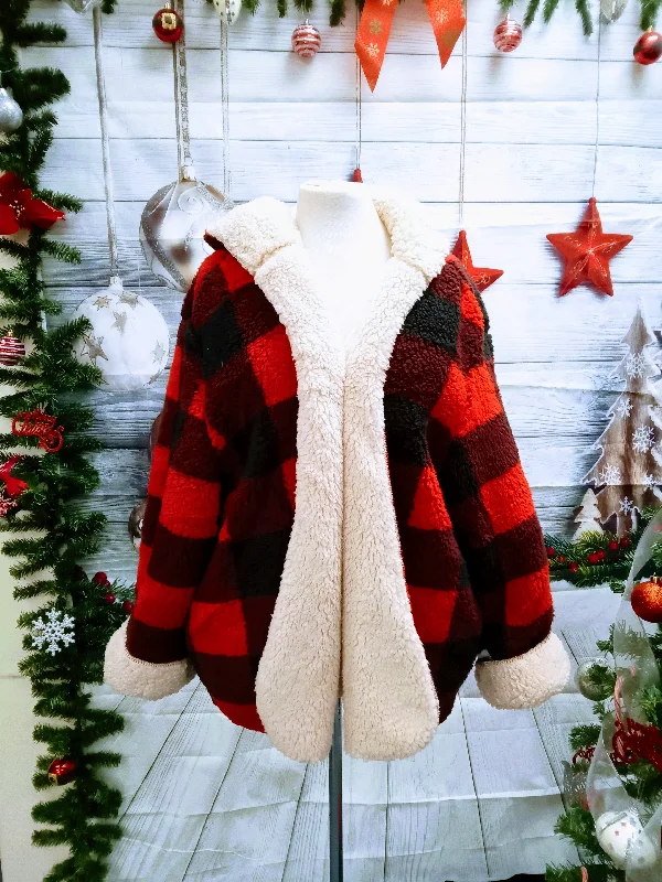 Plaid Fuzzy Red & Black Buffalo Check Sherpa Reversible Coat Bolero Crop Top Camisole