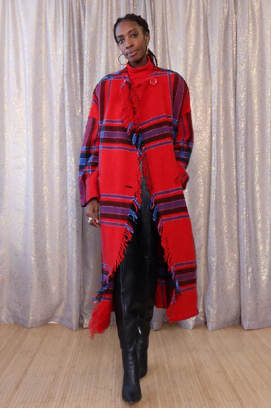 Ruby Plaid Fringed Blanket Coat S-L Cotton Linen Terry
