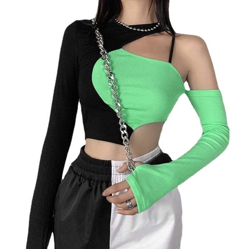 Women's Grunge Double Color Irregular Crop Top Summer Crop Top Casual Short Sleeve
