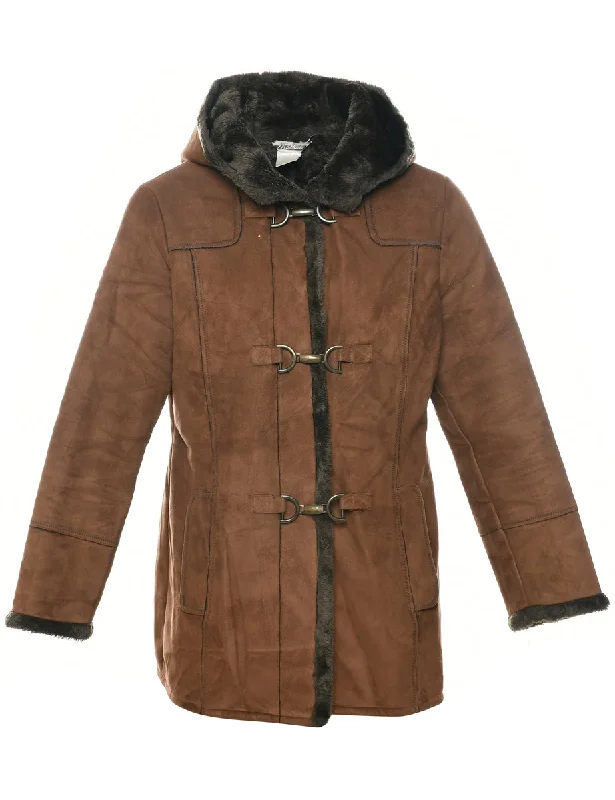 Hooded Brown Coat - S Houndstooth Jacket Shearling Jacket Fleece Jacket