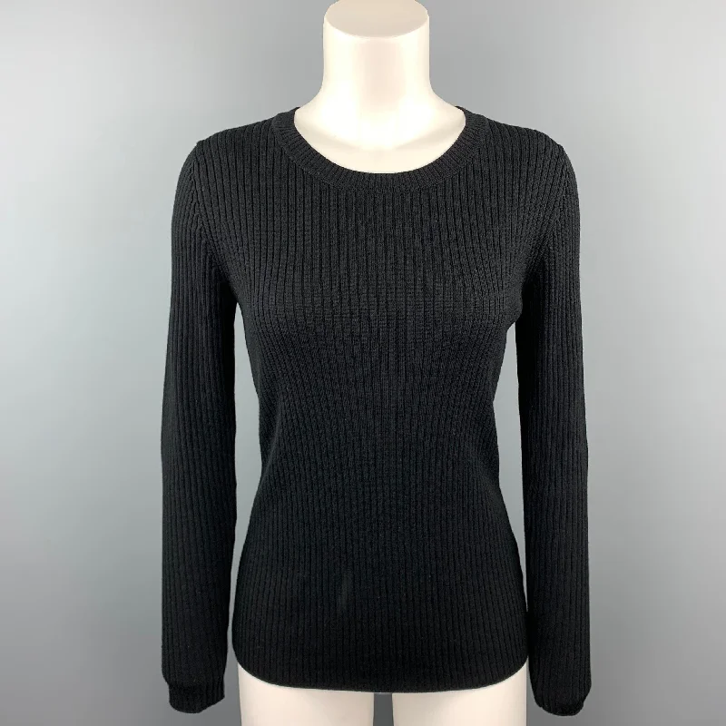 ST. JOHN Size S Black Ribbed Wool Round Neck Pullover Boxy Neck Sweater