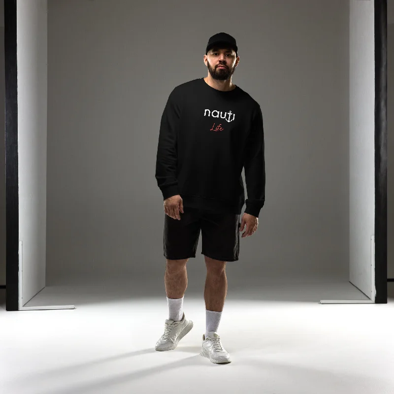 Unisex "NAUTI Anchor Life" Organic Sweatshirt in Black, French Navy and Grey Melange with White Logo Hoodie with Color Block Contrast Stylish Unisex "NAUTI Anchor Life" Organic Sweatshirt in Black, French Navy and Grey Melange with White Logo Hoodie with Color Block Contrast Stylish