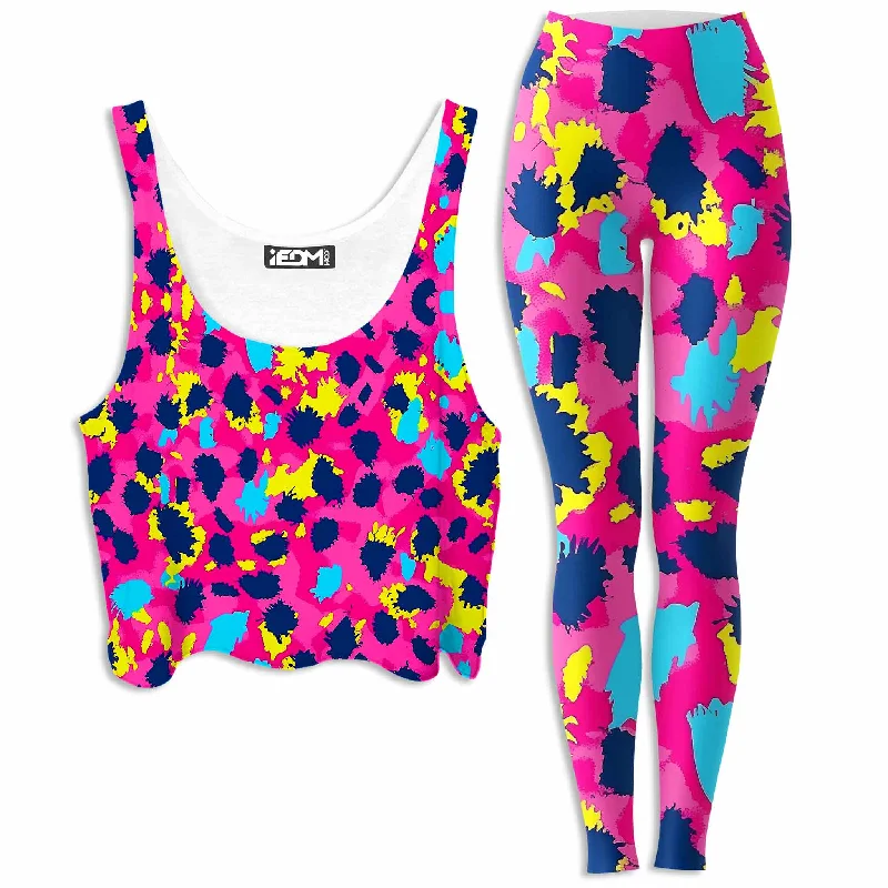 Pink Panther Crop Top and Leggings Combo Denim Fabric Leather Fabric Suede Fabric
