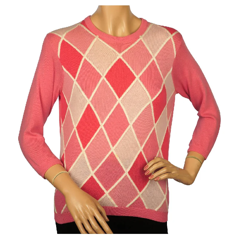 Vintage 1960s Ballantyne Pink Argyle Scottish Cashmere Sweater Pullover Ladies M Sabrina Neck Pullover