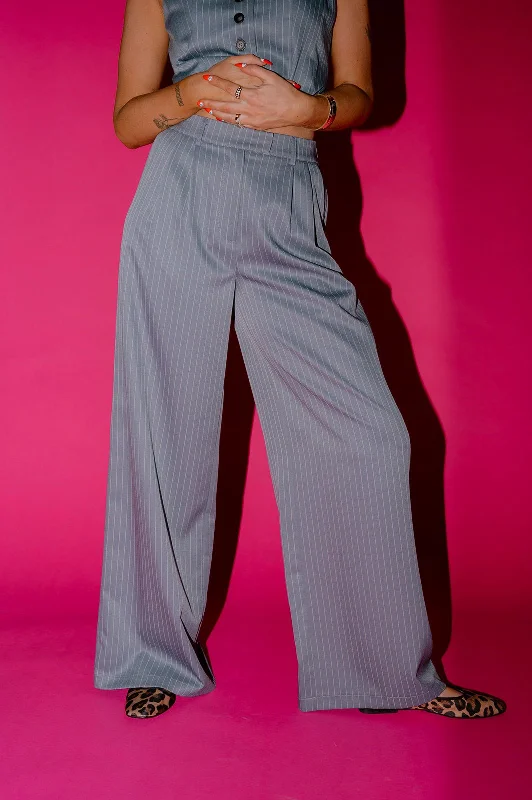 Wide Leg Trousers in Boss B*tch Pinstripe (Grey) Trousers New Arrival