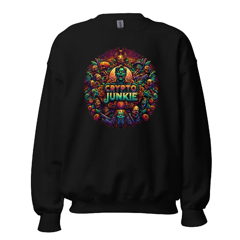 Crypto Junkie Bitcoin Selling Zombie Horde Long Sleeve Pullover Sweatshirt Boat Neck Sweater