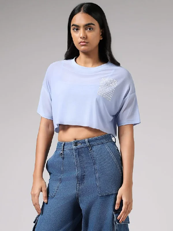 Nuon Light Blue Printed Mesh Crop Top Crop Top Seamless Stretchy