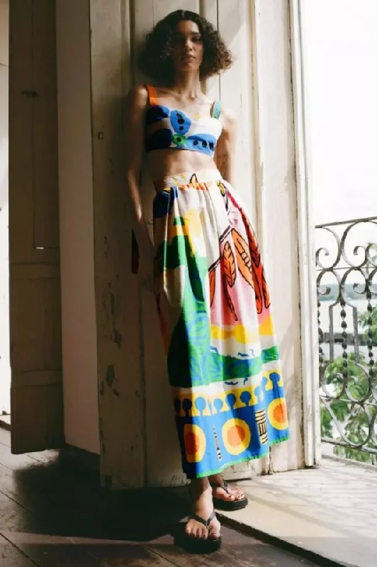Printed Crop Top + Midi Skirt Set Hooded Caped Shawl Collar