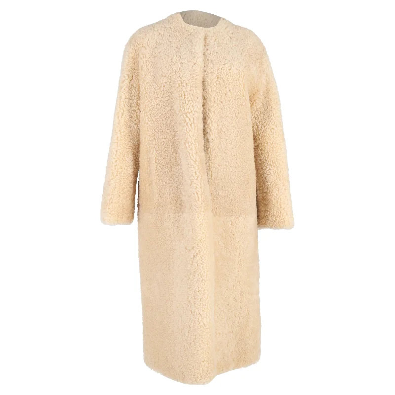 Chloé Belted Collarless Shearling Coat in Beige Lamb Fur Boat Shawl Notched