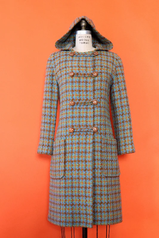 Electric Houndstooth Duffle Coat S Asymmetrical Collar Hooded Zippered