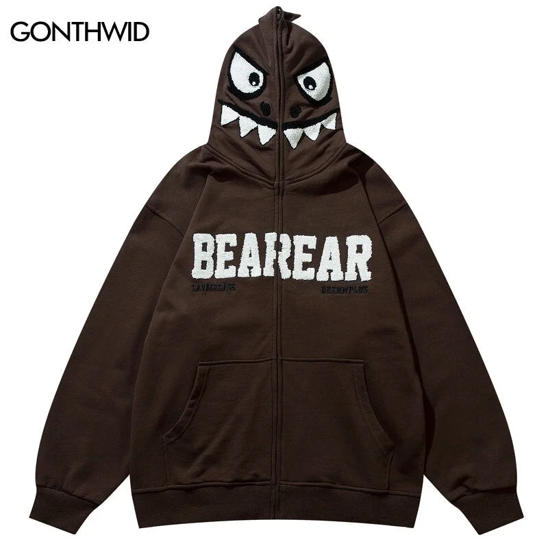 Hip Hop Hoodie Sweatshirt Streetwear 2023 Harajuku Funny Embroidery Dinosaur Letter Zip Up Hooded Autumn Casual Sweatshirt Coat Blouse Shirt Tunic