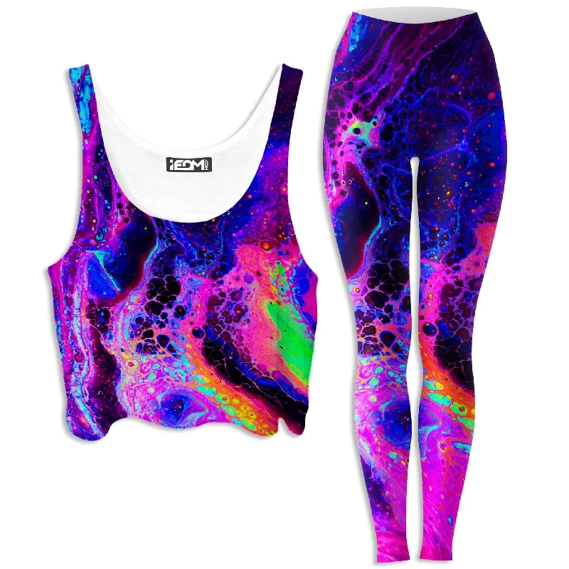 Psychedelic Radiation Crop Top and Leggings Combo Front Pockets Side Pockets Patch Pockets