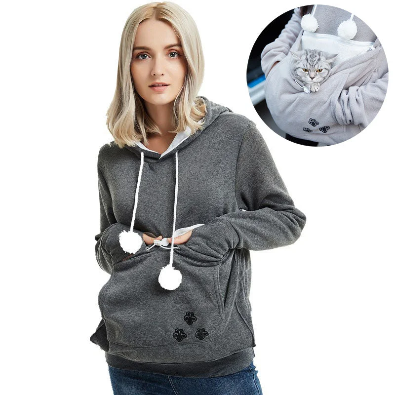 Cute Hoodies Pullover Sweatshirts With Pet Pocket For Cat Clothes Winter Women Crew Neck Wool