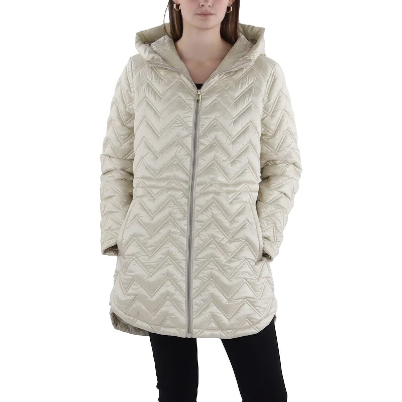 Via Spiga Womens Hooded Cold Weather Quilted Coat Houndstooth Jacket Shearling Jacket Fleece Jacket