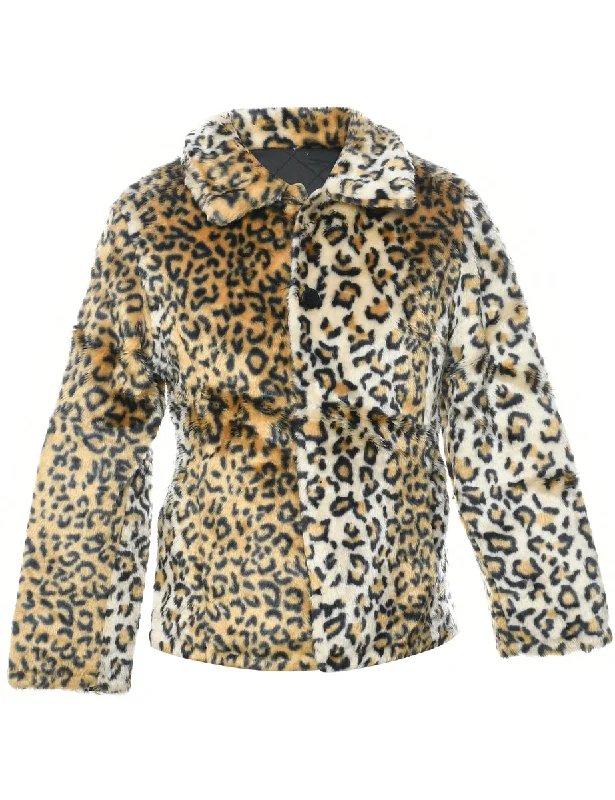 Leopard Print Faux Fur Coat - S Turtleneck Wrap Cape