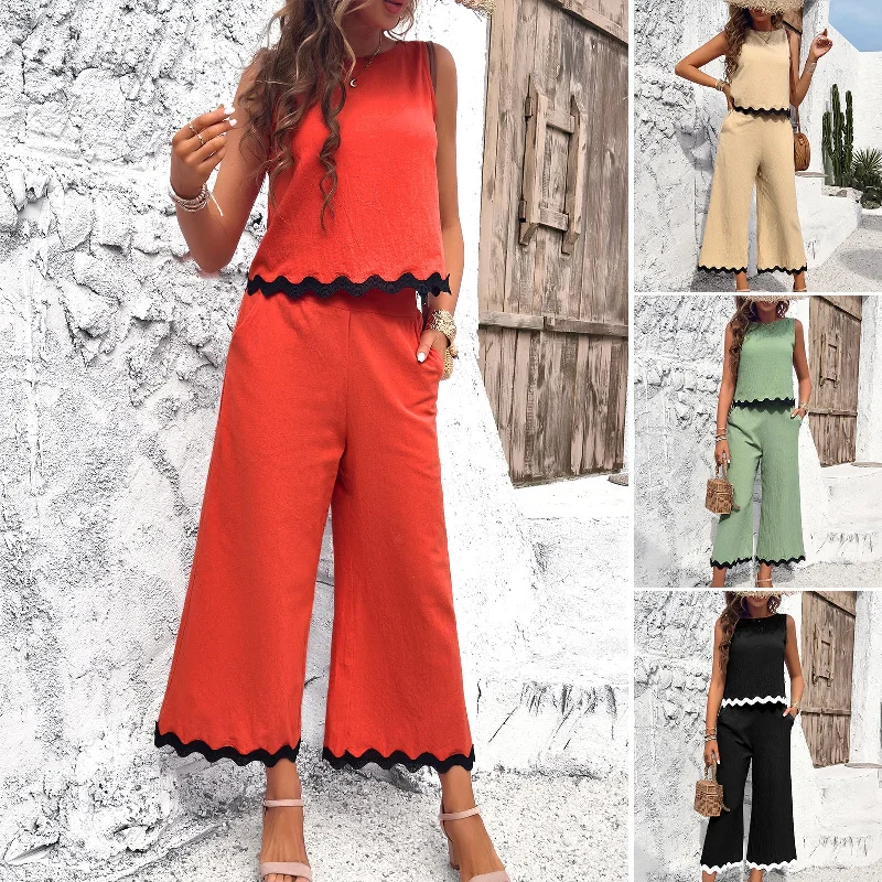 Summer Wave Print Suit Sleeveless Top And Straight Trousers Fashion Casual Solid Color 2pcs Set For Womens Clothing Trousers luxurious high-end