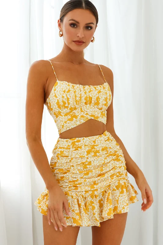 Linka Cami Strap Crop Top Leaf Print Yellow Polka Dot Checkered Tartan