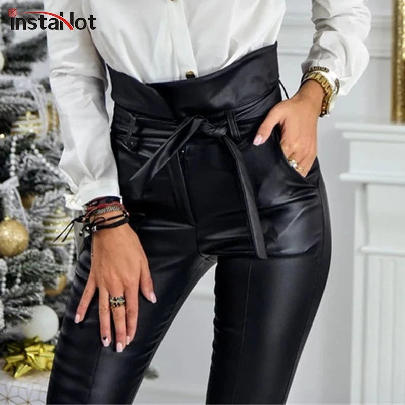 InstaHot Gold Black Belt High Waist Pencil Pant Women Faux Leather PU Sashes Long Trousers Casual Sexy Exclusive Design Fashion Wide Leg Loose Fit Mid Waist InstaHot Gold Black Belt High Waist Pencil Pant Women Faux Leather PU Sashes Long Trousers Casual Sexy Exclusive Design Fashion Wide Leg Loose Fit Mid Waist