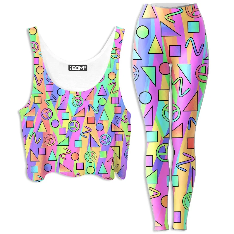 Trippy Retro Peace Signs Crop Top and Leggings Combo Polka Dot Checkered Tartan