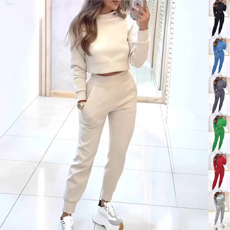 Stand Collar Sports Suit Fashion Pullover Long-sleeves Short Top And Slim Trousers With Pockets Solid Outfits Women's Clothing Lapel Neck Sweater