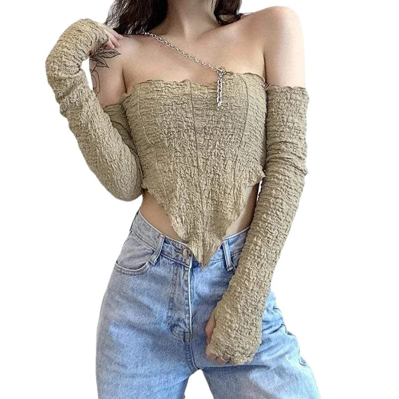 Women's Punk Off Shoulder Ruched Crop Top Lace Blend Ribbed Blend Corduroy Blend