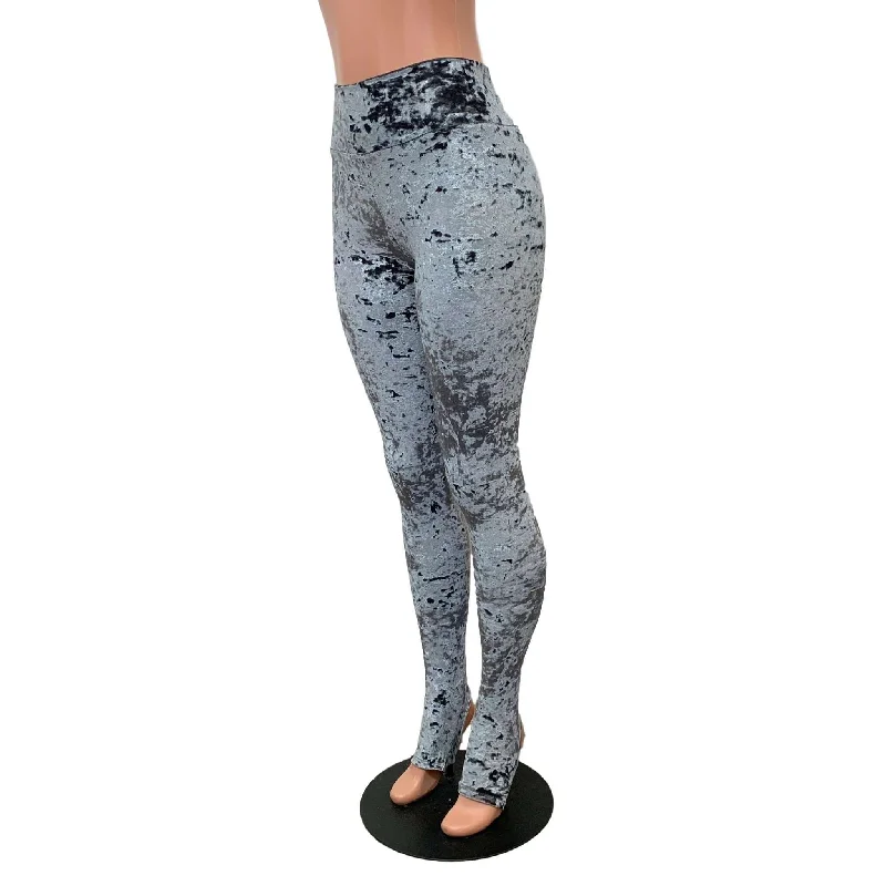 Gray Crushed Velvet Stirrup Leggings Fashionable Floral Active Leggings
