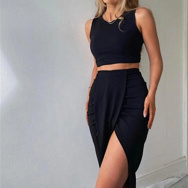 KittenAlarm - Judith Crop Top & Skirt Set Ribbed Crop Top High Neck Heavyweight