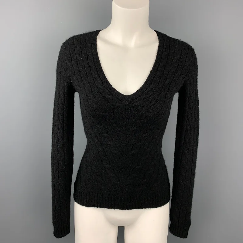 RALPH LAUREN Black Label Size S Black Knitted Cashmere V-Neck Pullover Boyleg Sleeve Pullover