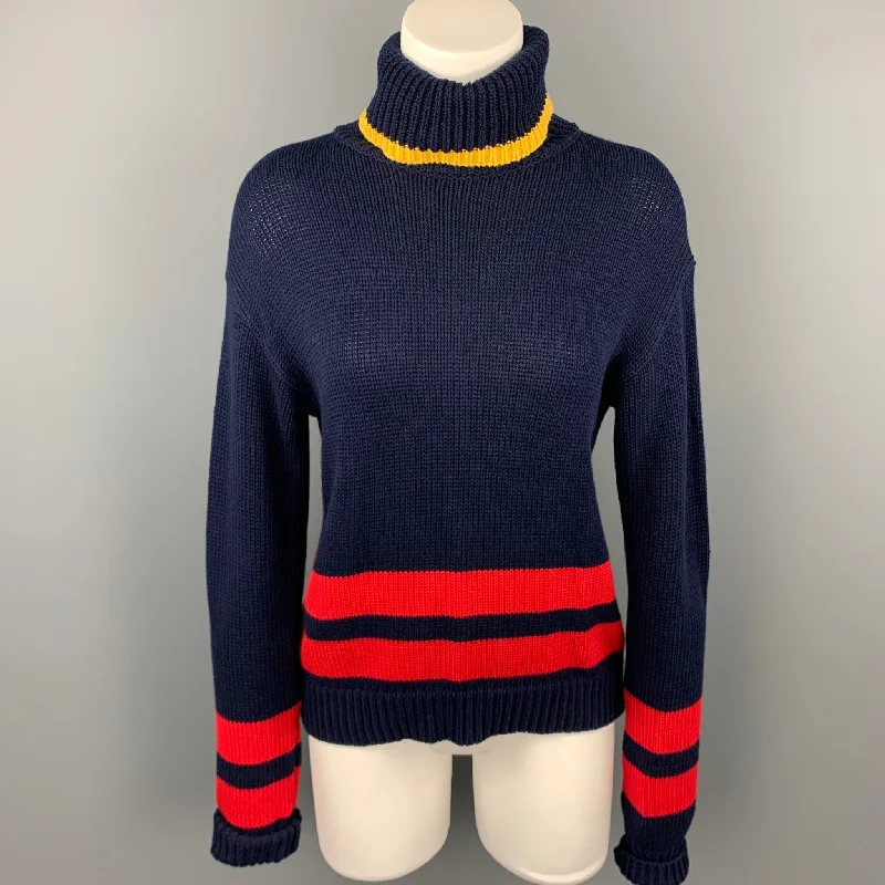 POLO by RALPH LAUREN Size S Navy Knitted Stripe Cotton Turtleneck Pullover Slit Sleeve Stylish