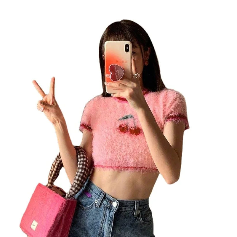 Women's Grunge Cherry Printed Fluffy Crop Top Hooded Caped Shawl Collar