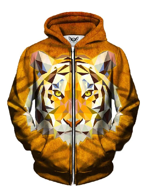 Stripes Geometric Tiger Zip-Up Hoodie Hoodie with Raw Hem Edgy Unfinished